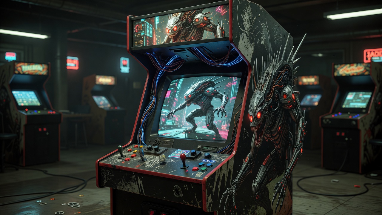 Cybernetic glowing monster arcade cabinet template in 3D rendering design style