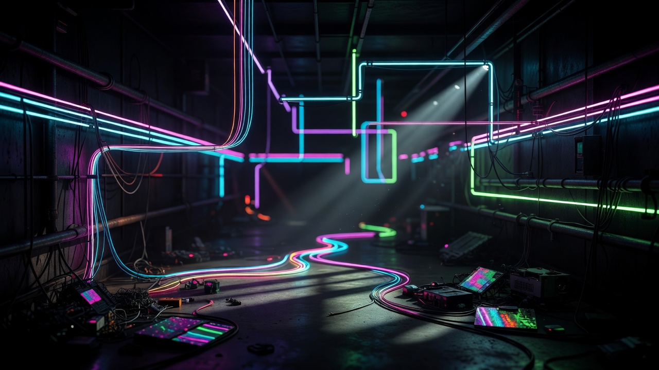 Cyberpunk neon lighting slot development studio layout designed inside a futuristic dark testing room