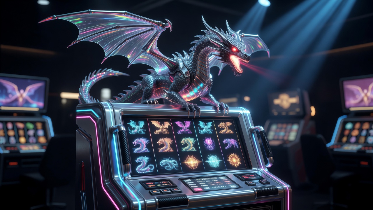 Futuristic neon dragon fantasy slot machine design theme template