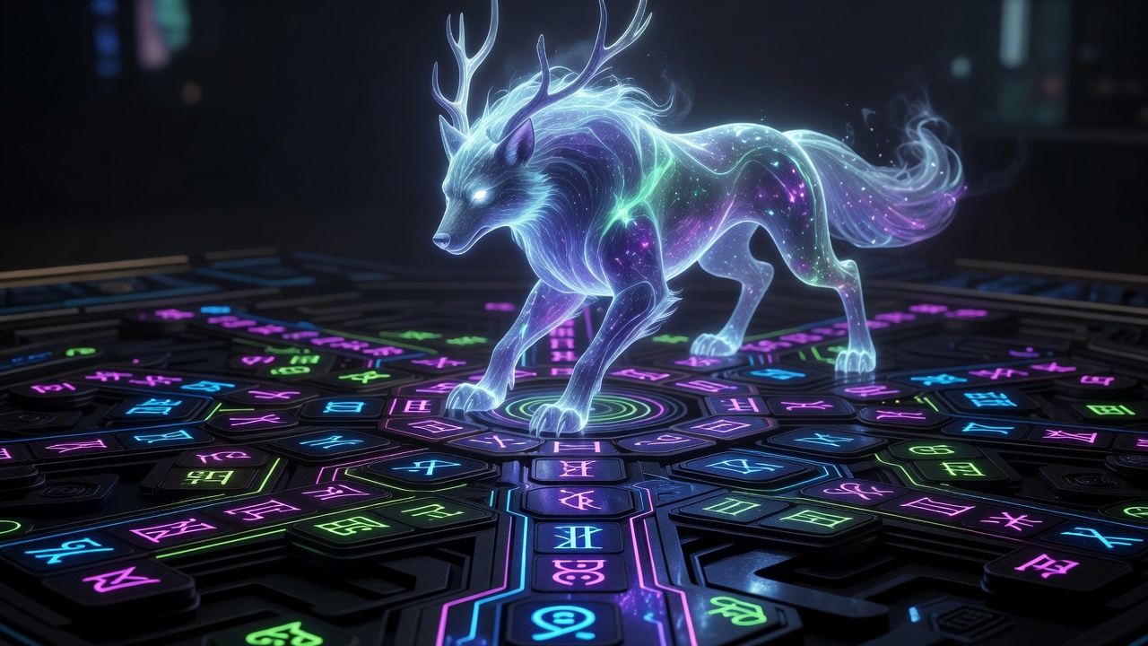 Detailed interactive mock layout showing mystical glowing beast and neon runes on a virtual gaming board
