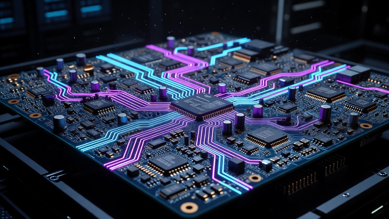 High speed server room neon circuit board panel glowing in bright green and ultraviolet lights