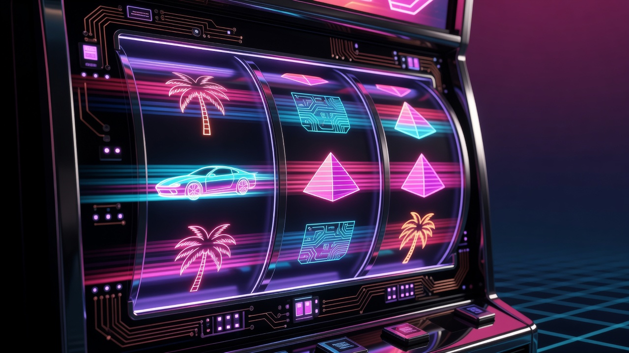 Synthwave aesthetic slot reels pattern showcasing neon grid lines and high fidelity graphics